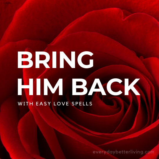 Vivid red background of a close up red rose with the words  'Bring Him Back with Easy Love Spells' 